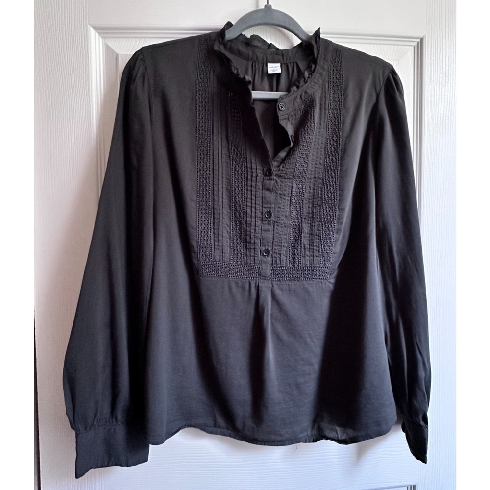 Old Navy Womens Medium Black Ruffled Edwardian Victorian Pintuck Prairie Blouse